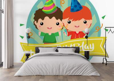 happy birthday label with two kids Wall mural