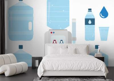 Office water set. Water cooler set. Bottles and plastic cups of water. Vector illustration Wall mural