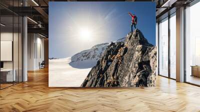 Climber or alpinist at the top of a mountain. A success of mountaineer reaching the summit. Outdoor adventure sports in winter alpine moutain landscape. Sunny day and a climber on a top of a peak. Wall mural