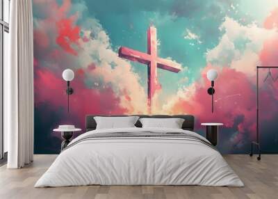 A cross with clouds behind it, shining light in the sky. The background is an abstract painting of purple and yellow colors. Wall mural