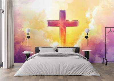 A cross with clouds behind it, shining light in the sky. The background is an abstract painting of purple and yellow colors. Wall mural