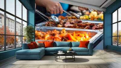 A vibrant and colorful photograph captures an event featuring the delicious food at the buffet line in the banquet hall Wall mural