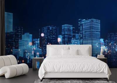 Digital cityscape with buildings made of glowing cubes, representing the futuristic and digital nature of smart urban development Wall mural