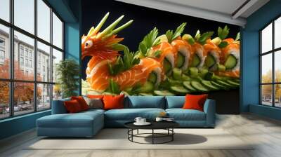 Sushi dragon made of sushi rice, salmon and avocado slices arranged in the shape of an Asian-style dragon with a real fresh fish tail and head to create an eye-catching piece Wall mural