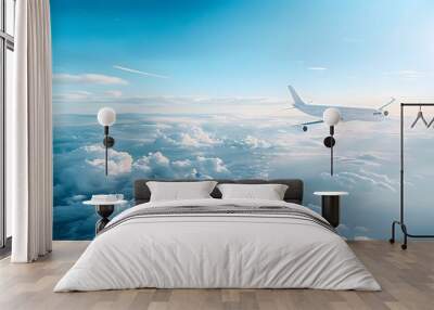 White passenger airplane flying in the blue sky above clouds. Wall mural