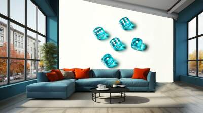 Isolated blue five pieces of transparent dice showing three six and two ones Wall mural