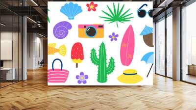 Cute hand drawn summer icon set. Background with cartoon holiday stickers. Vector illustration Wall mural