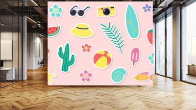 Cute hand drawn summer stickers. Creative background with cartoon vacation icons. Vector illustration Wall mural