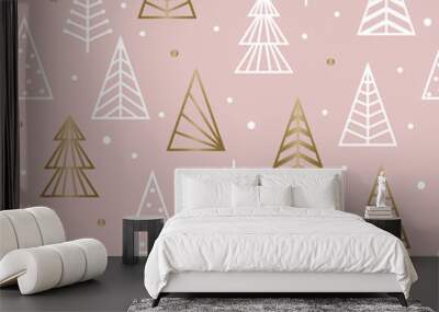 Seamless pattern with golden Christmas trees. Wrapping paper concept. Vector illustration Wall mural