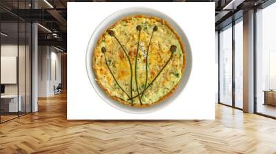 Open Laurent tart with meat and vegetables topped with creamy cheese filling isolated on a white background Wall mural