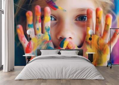 child painting with hands, little girl painting Wall mural