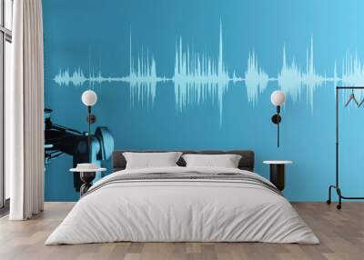 Microphone with waveform on blue background, broadcasting or podcasting banner Wall mural