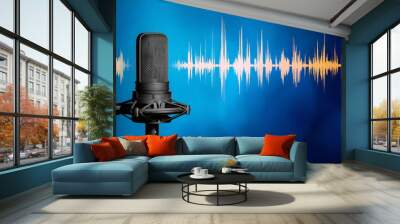 Microphone with yellow waveform on modern blue background, broadcasting or podcasting banner	
 Wall mural