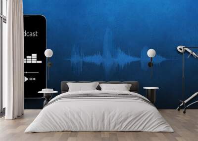 Podcast blue background. Podcast app on smartphone screen with earphones, sound waveform and copy space  Wall mural