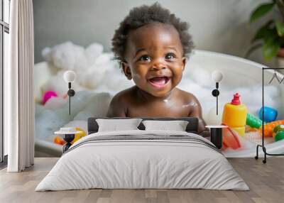 African descent kid enjoying bath tub. Bathing without tears. cute emotional baby is engaged in hygiene procedures, smiling. disinfection, prevention against diseases and viruses Wall mural