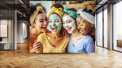 Four diverse young women share a fun moment while enjoying their skincare routine applying facial mask Wall mural