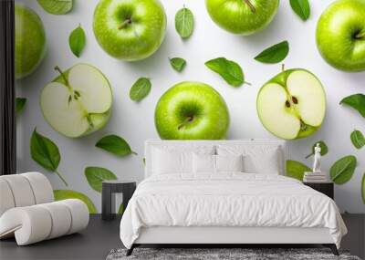 natural food design with green apples and leaves white desk background top view mock up Wall mural