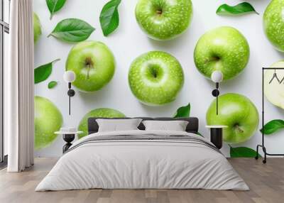 natural food design with green apples and leaves white desk background top view mock up Wall mural