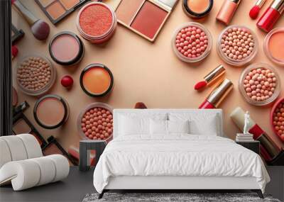 Pattern with cosmetics set with beige and nude colors on white background top view copyspace Wall mural