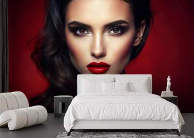 sensual glamour portrait of beautiful woman model lady with fresh daily makeup with red lips color and clean healthy skin face Wall mural