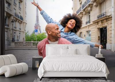 Afro-american beautiful couple in love visiting Paris Wall mural