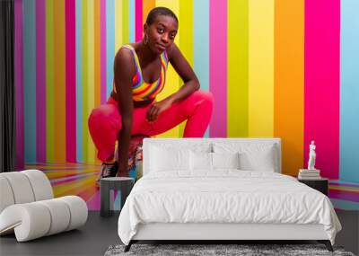 Beautiful african american young woman dancer having fun inside a rainbow box room - Cool and stylish black adult female portrait on colorful background, influencer creating content for social media Wall mural