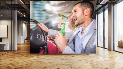 Couple driving drunk with the car Wall mural