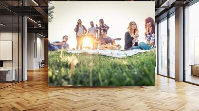 Friends doing picnic and grilling outdoors Wall mural