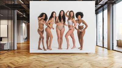 Group of women with different body and ethnicity posing together to show the woman power and strength. Curvy and skinny kind of female body concept Wall mural