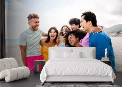 Group of young best friends bonding outdoors - Multiracial people bonding and having fun at the beach during summer vacation Wall mural