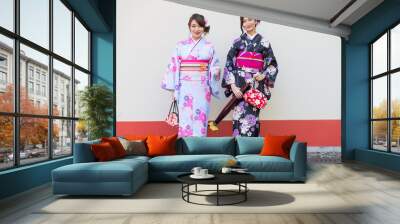 Japanese women with kimono walking in Tokyo Wall mural