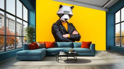 Man with funny low poly mask on colored background Wall mural