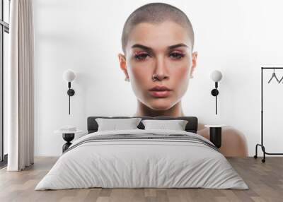 Modern beauty portrait. Young woman with shaved head Wall mural