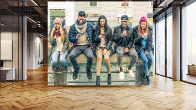 multiracial group of people with cellphones Wall mural