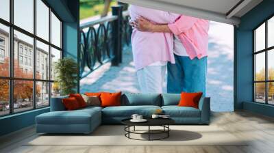 Old modern couple dressing fashionable colored clothes. Youthful grandmother and grandfather having fun outdoor and going wild. Representation of elderly people feeling young inside Wall mural