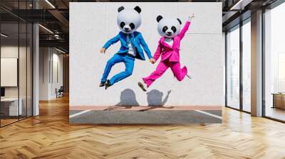 Storytelling image of a group of friends wearing giant panda head. Man and  a woman celebrating outdoor and making party Wall mural