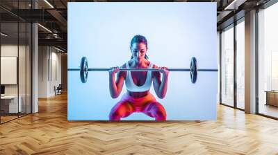 Woman training with barbells in the gym Wall mural