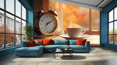 Alarm clock closeup have a good day with a cup of coffee and flower pots background Wall mural