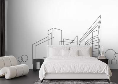 abstract architecture city skyline with trees - single line vector graphics on white background Wall mural