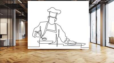 continuous line drawing chef preparing food - png image with transparent background Wall mural