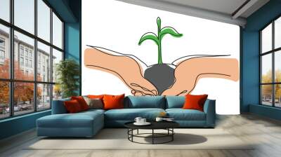 continuous line drawing hand holding growing plant  4 in color - PNG image with transparent background Wall mural