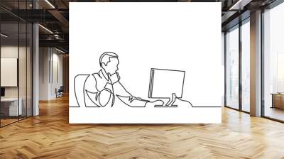 continuous line drawing of businessman working behind computer Wall mural