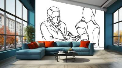 continuous line drawing of doctor in protective mask checking child with stethoscope - PNG image with transparent background Wall mural