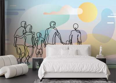 continuous line drawing of happy extended family walking Wall mural