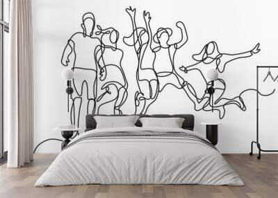 continuous line drawing of happy jumping group of youth Wall mural