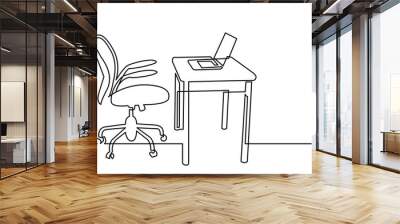 continuous line drawing of office desk with computer laptop and chair Wall mural