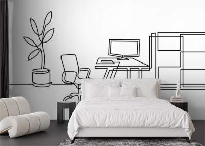 continuous line drawing of office room with chair desk cabinet and computer - PNG image with transparent background Wall mural