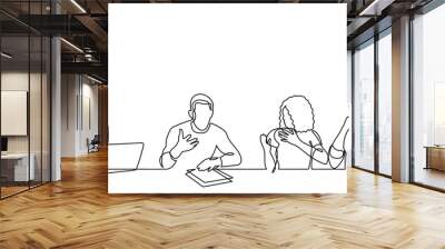 continuous line drawing of office workers team having discussion at business meeting - PNG image with transparent background Wall mural