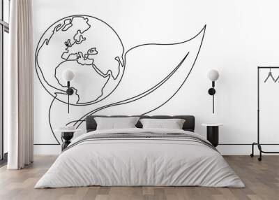 continuous line drawing of planet earth and tree leaf - PNG image with transparent background Wall mural