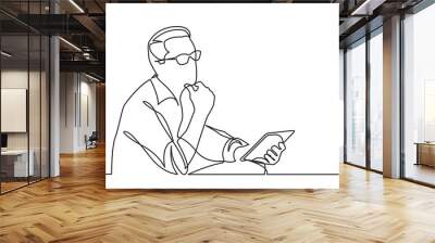 continuous line drawing of sitting man planning with tablet Wall mural